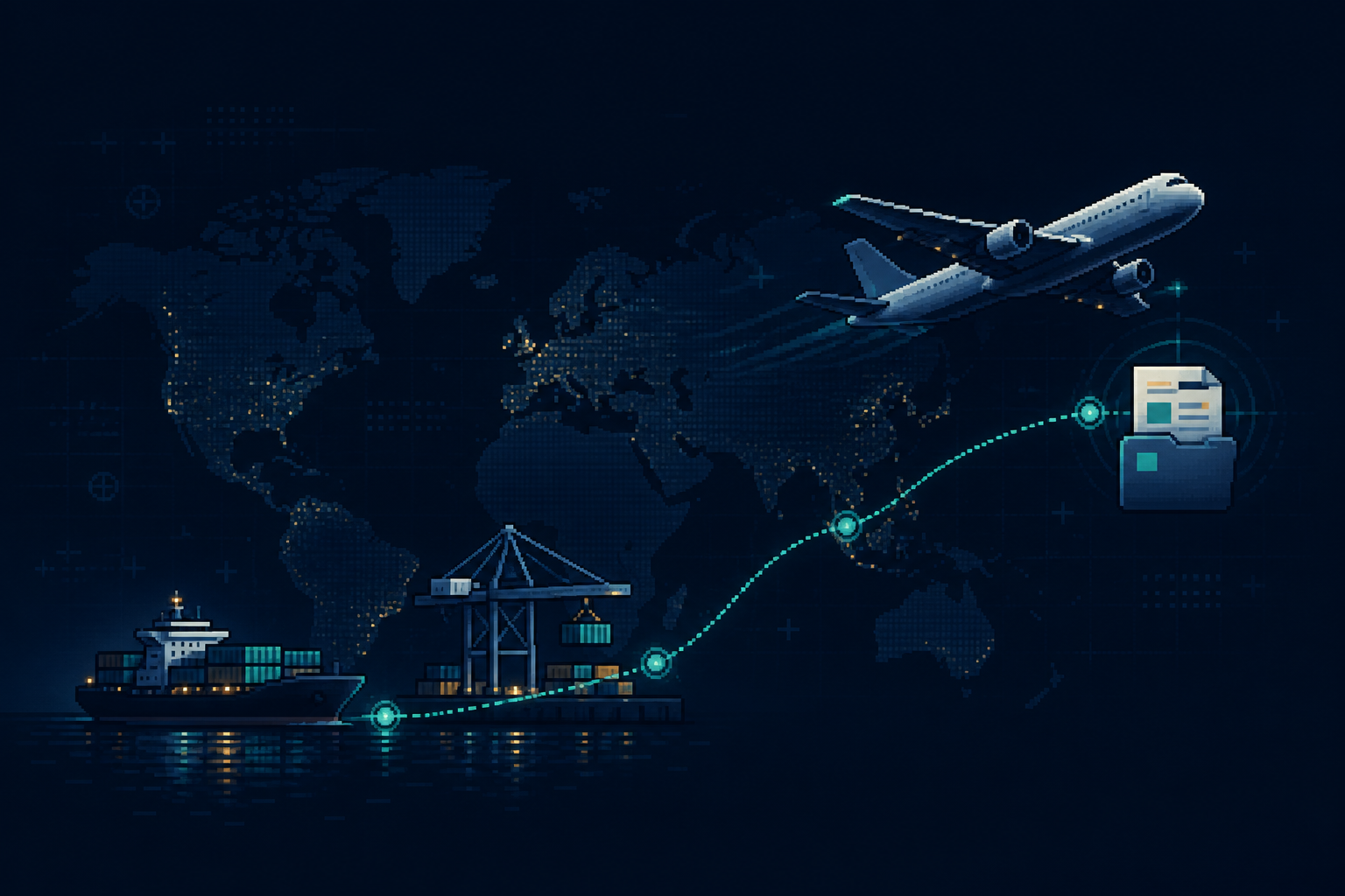 Ilustración pixel art de una ruta de comercio internacional con barco, puerto, avión y expediente digital
